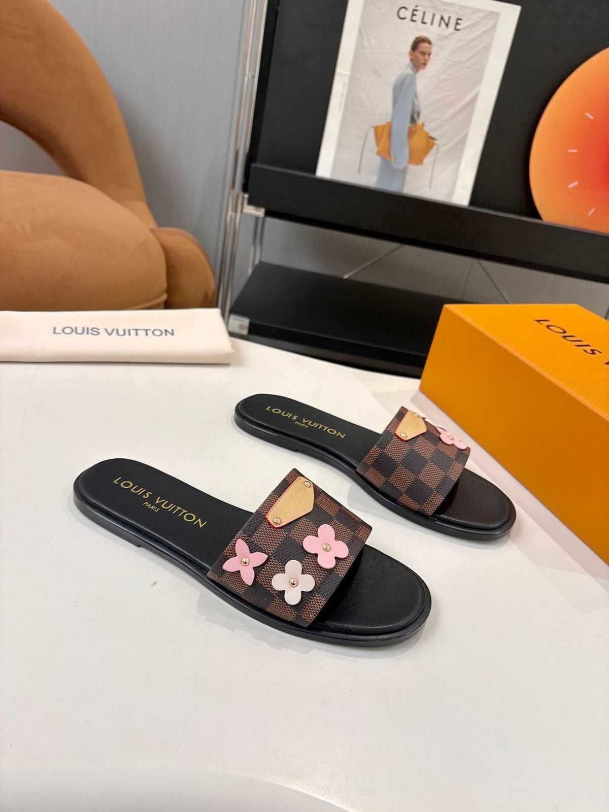 Louis Vuitton Floral Checkered Slide Sandals — front