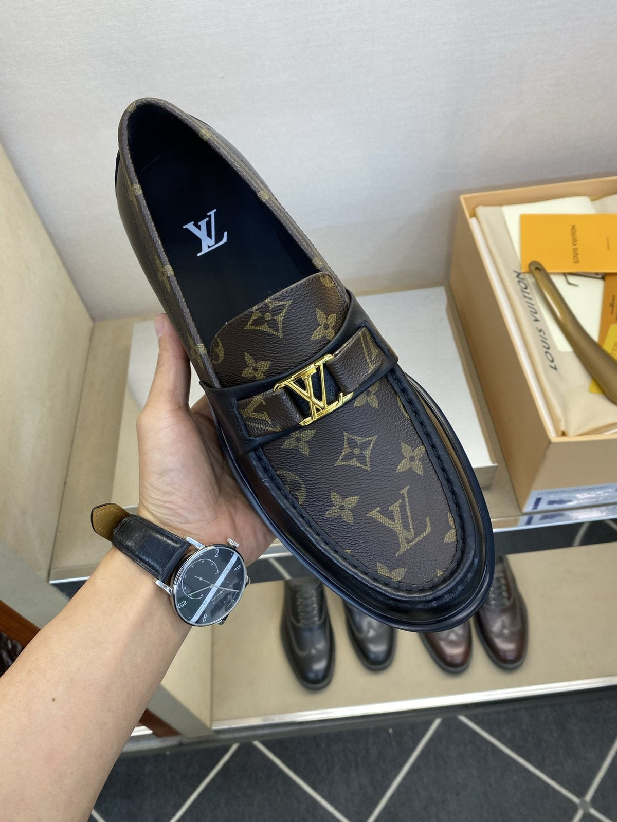 Louis Vuitton Brown Monogram Hardware Loafers — model