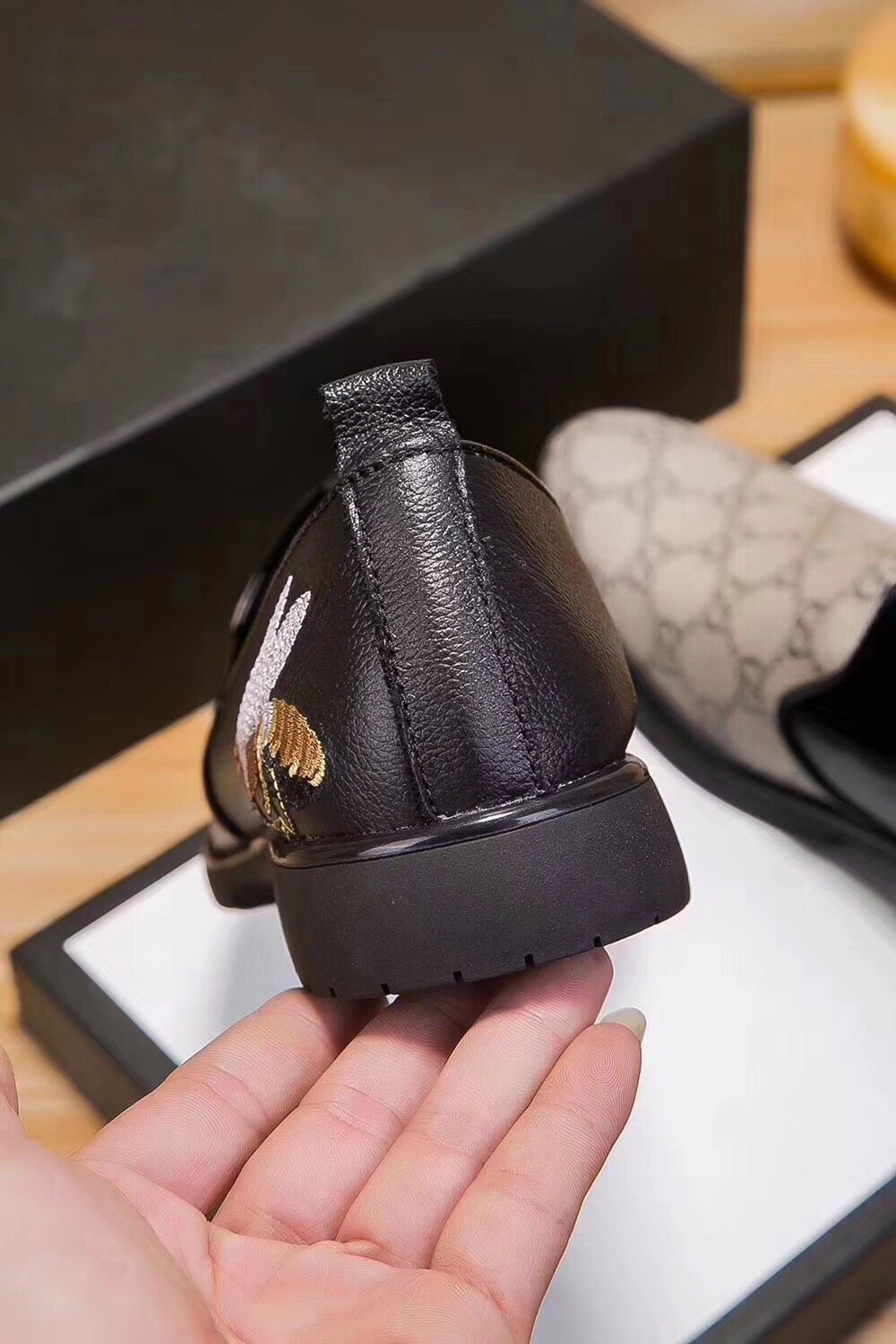 Gucci Beige Monogram Slip-On Shoes — detail