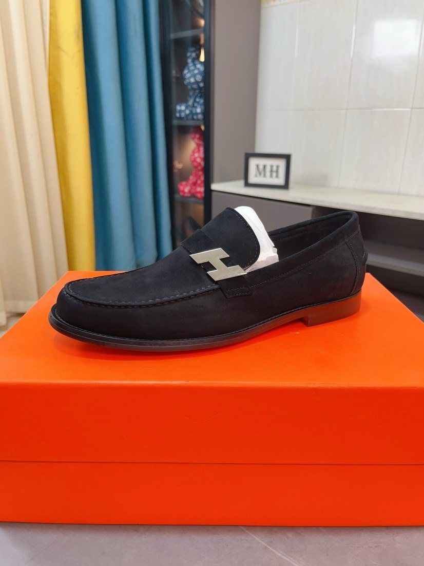 Hermès Black H-Hardware Loafers — front