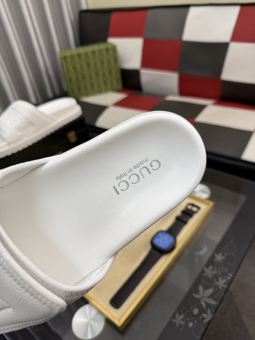Gucci White Embossed Slide Sandals — detail