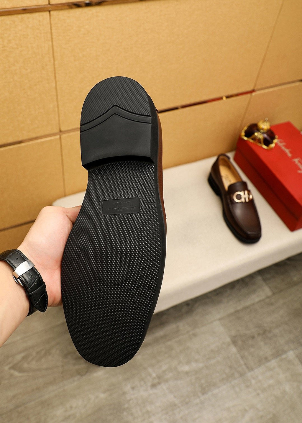 Ferragamo Dark Brown Metal-Bit Loafers — side