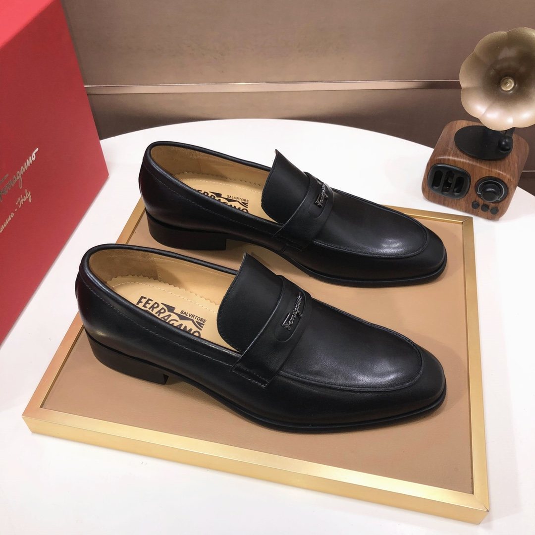 Ferragamo Black Leather Loafers — front
