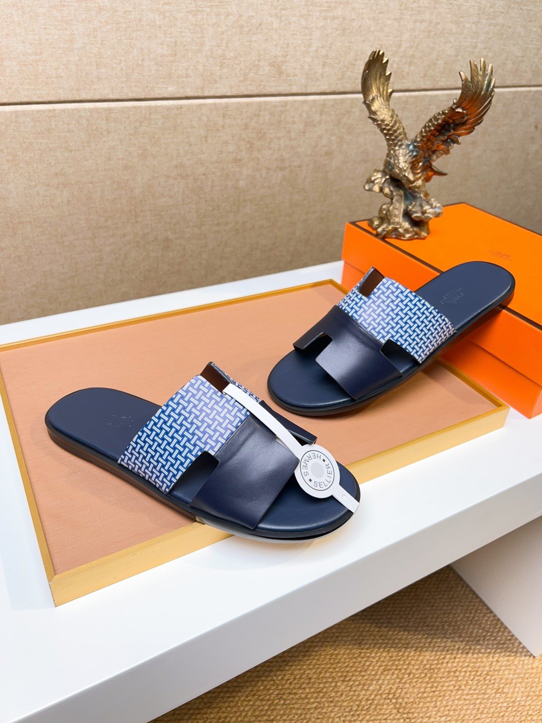 Hermès Blue Patterned H Slide Sandals — side