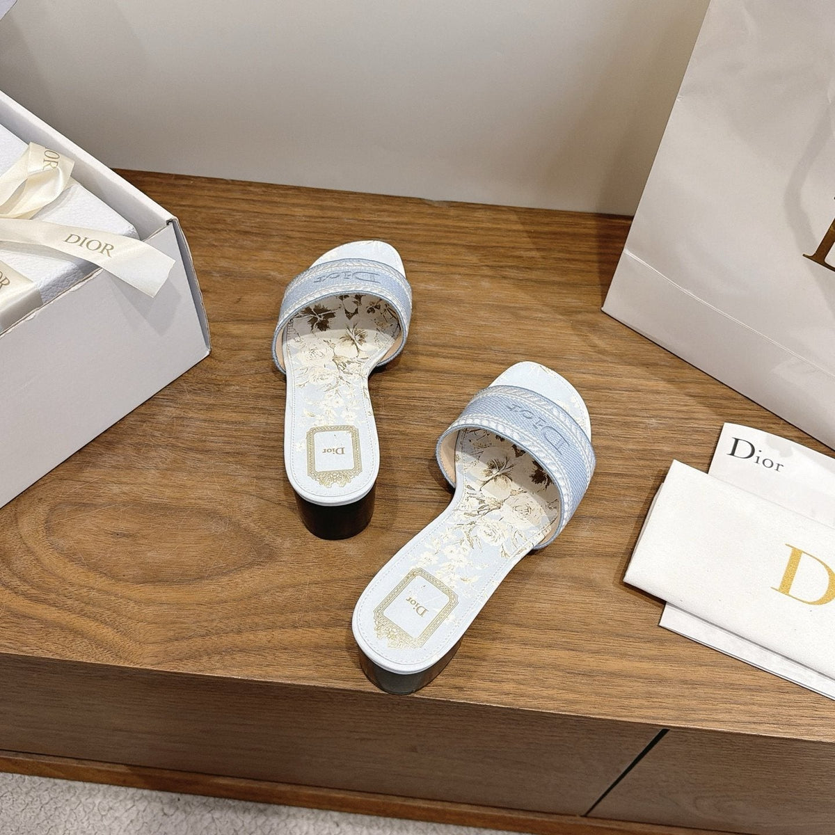 Dior Light Blue Embroidered Slide Sandals — side