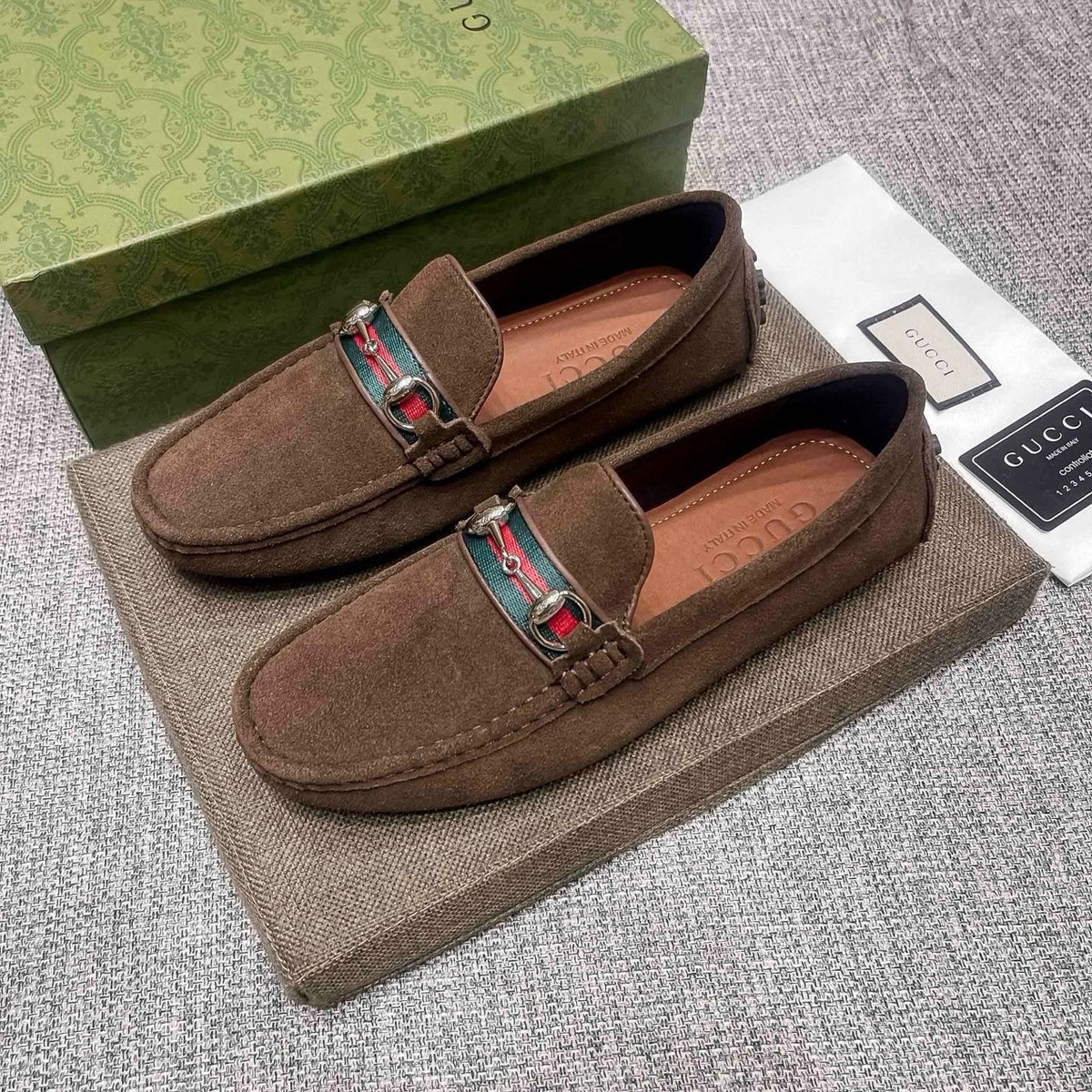 Gucci Brown Web Stripe Loafers — side