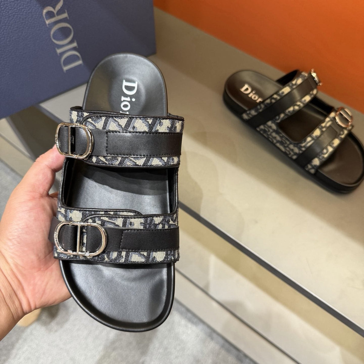 Dior Patterned Buckle Slide Sandals — side