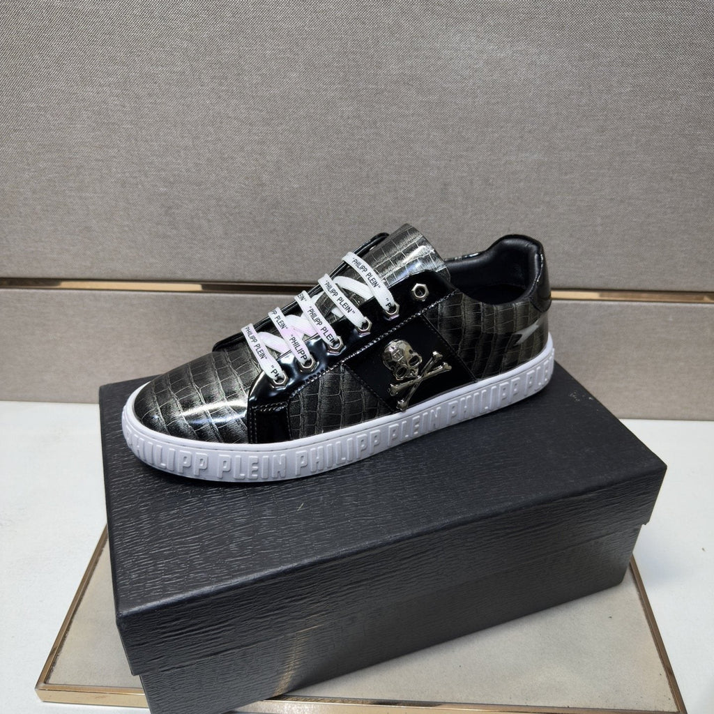 Philipp Plein Black and Gray Plaid Low-Top Sneakers — side