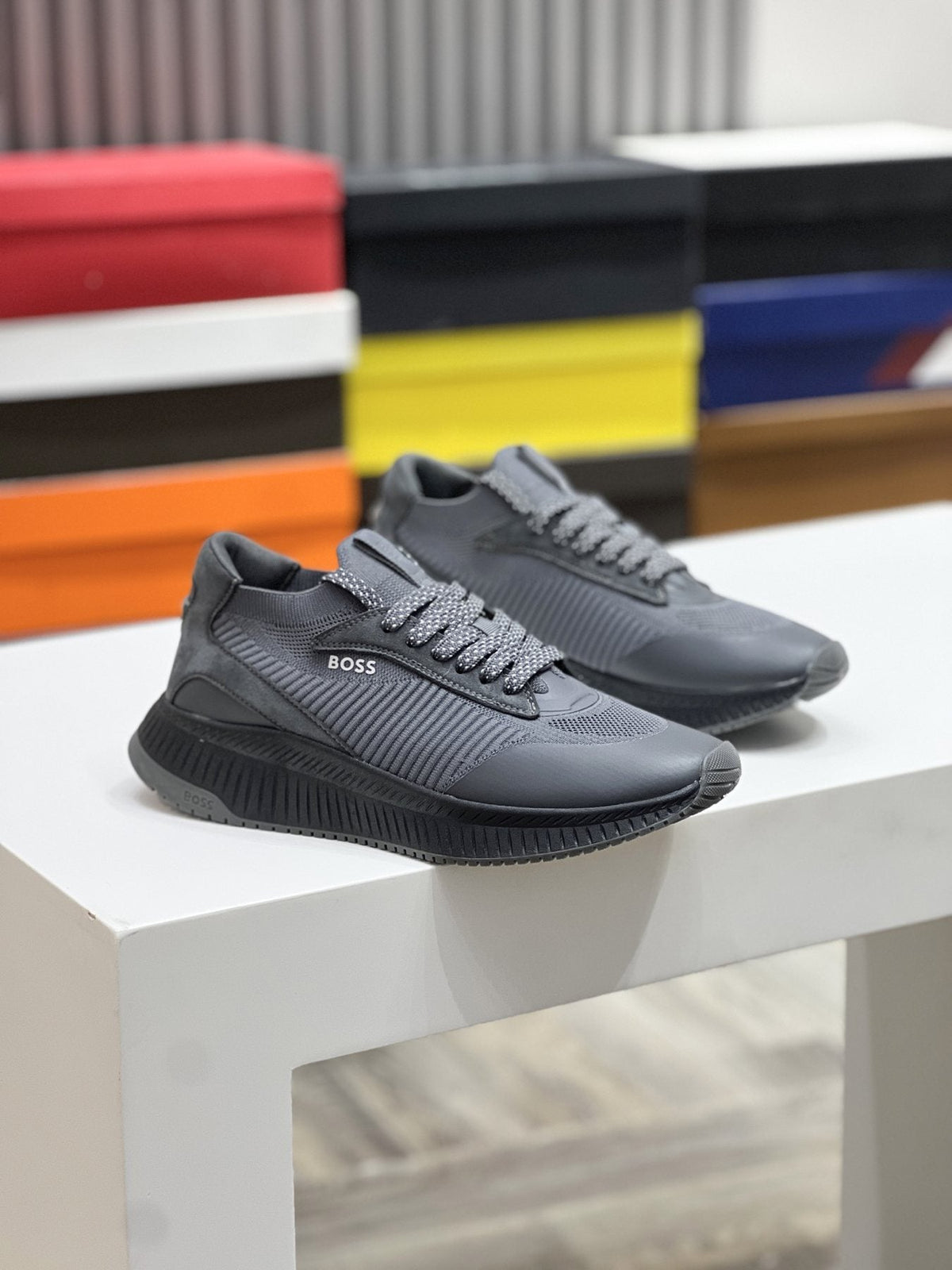 BOSS Knit Ribbed-Sole Sneakers — front