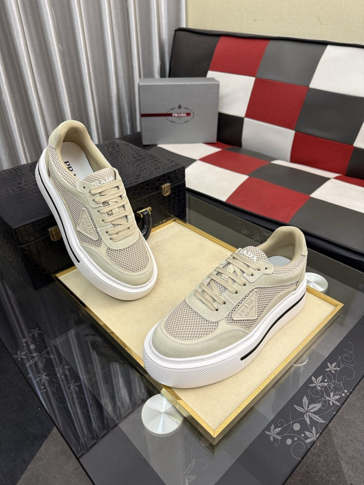 Prada White and Light Gray Low-Top Sneakers — front