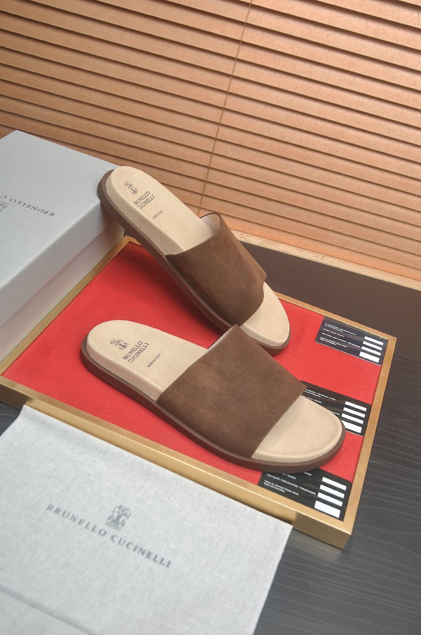Brunello Cucinelli Cream White Slide Sandals — front
