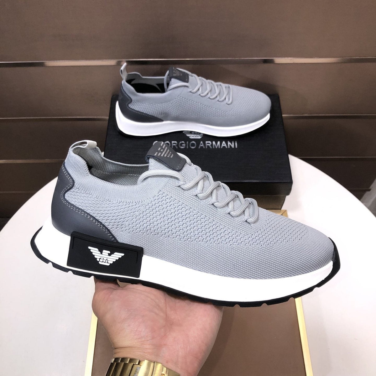 Giorgio Armani Knit Lace-Up Sneakers — model