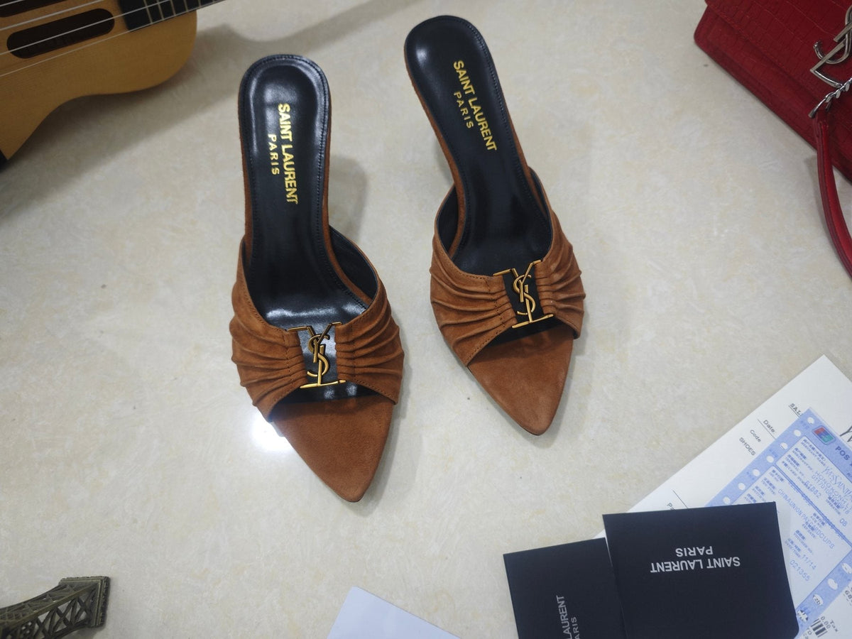 Saint Laurent Ruched Logo Mule Heels — front
