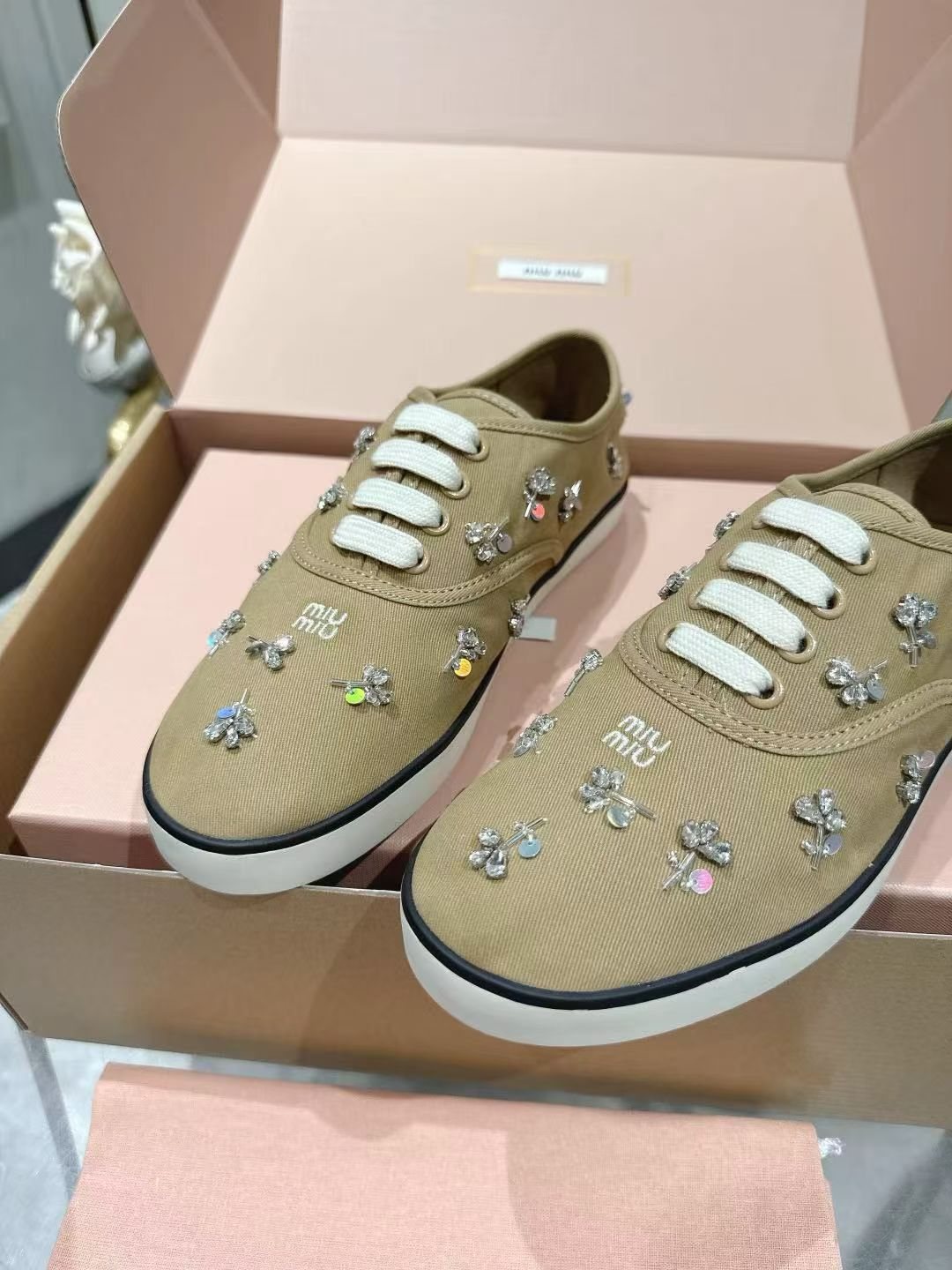 Miu Miu Floral Rhinestone Canvas Sneakers — hero