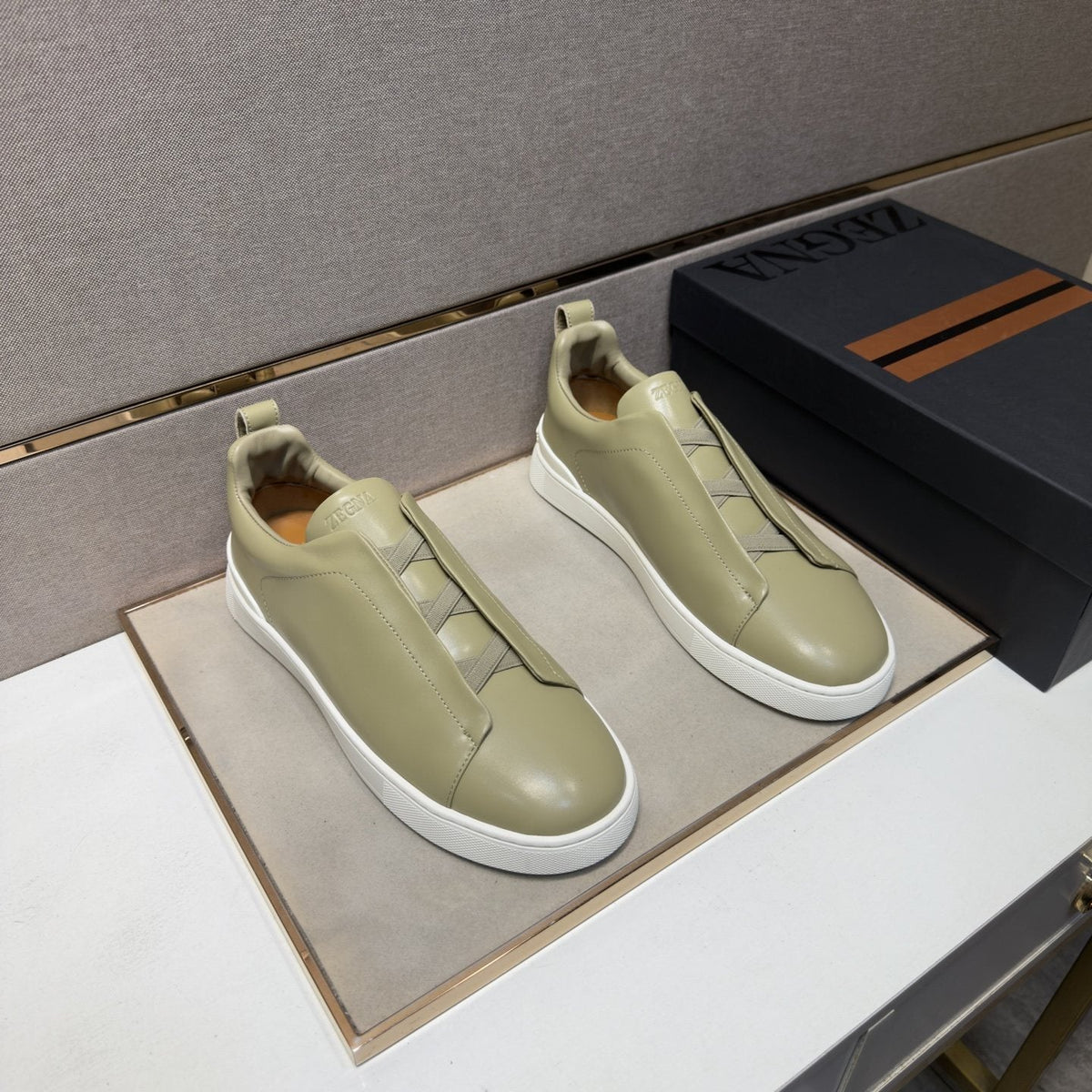 ZEGNA Brown Leather Slip-On Sneakers — front