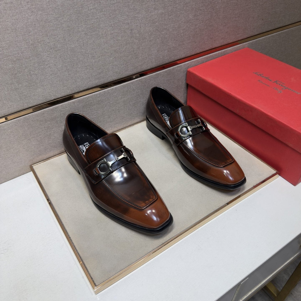 Ferragamo Brown Buckle Loafers — hero