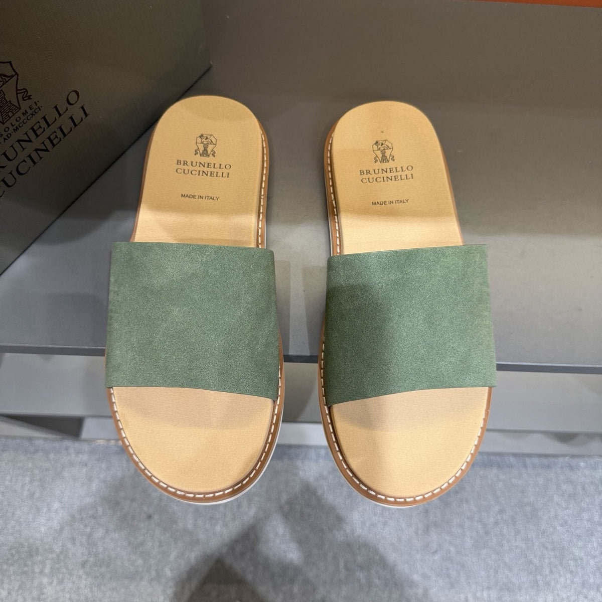 Brunello Cucinelli Wide-Strap Slide Sandals — front