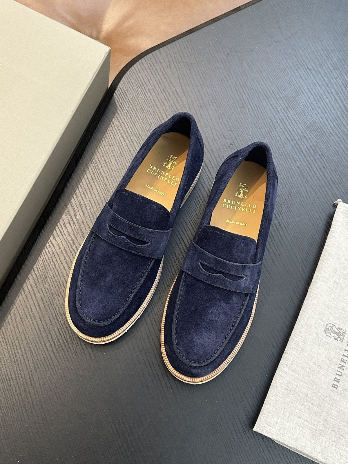 Brunello Cucinelli Suede Penny Loafers — front