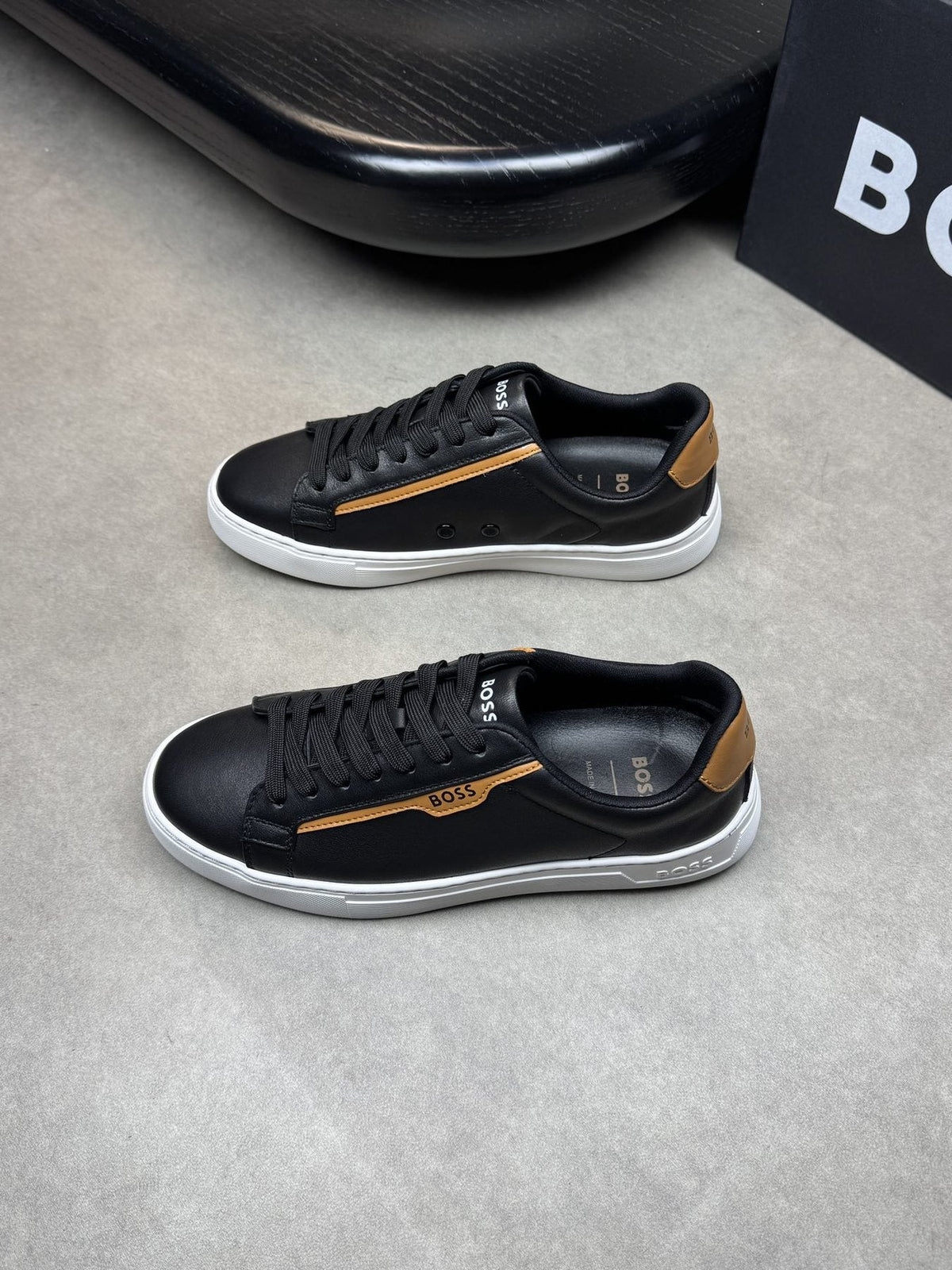 BOSS White Green Low-Top Sneakers — front